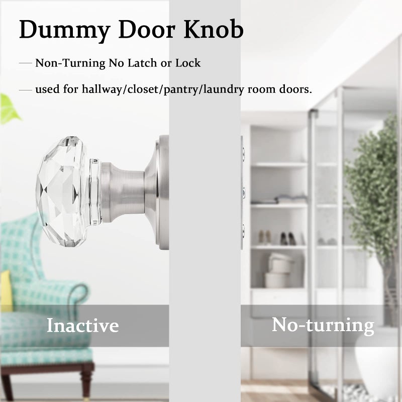 Orger Dummy Crystal Door Knobs with Diamond Shape in Satin Nickel Finish, Inactive Non-Turning Single Side Interior Dummy Handles for French Door/Cloakroom, 2 Pack - Image 4